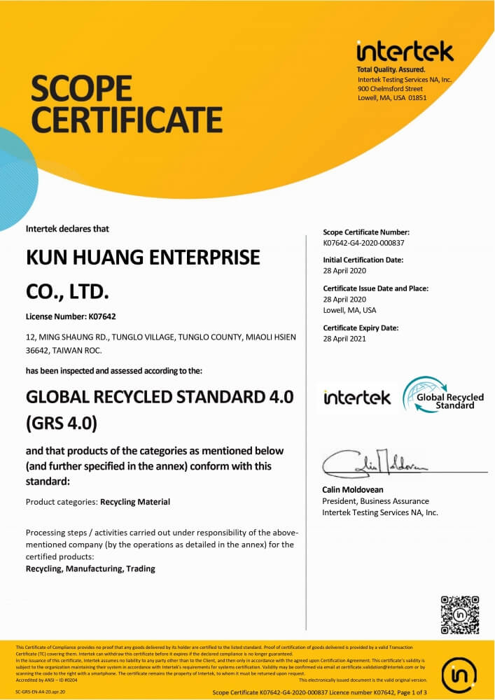 Kun Huang's GRS Certification Kun Huang's GRS Certification
